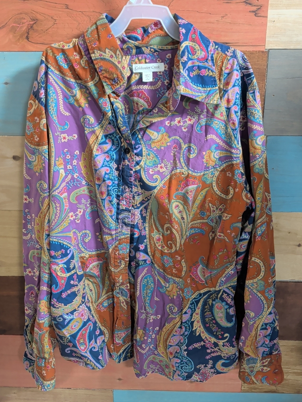 Coldwater Creek Purple, Orange & Blue Paisley Button-Down Shirt